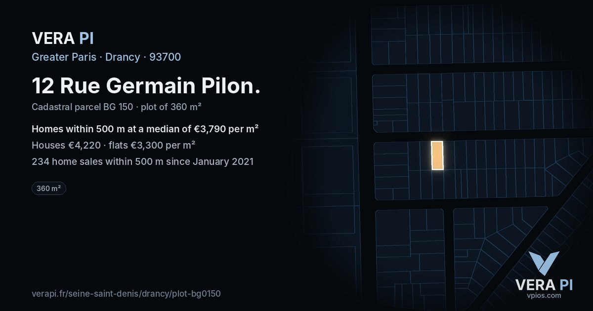 12 Rue Germain Pilon, Drancy at night – the plot lit, the parcels around coloured by the prices near them