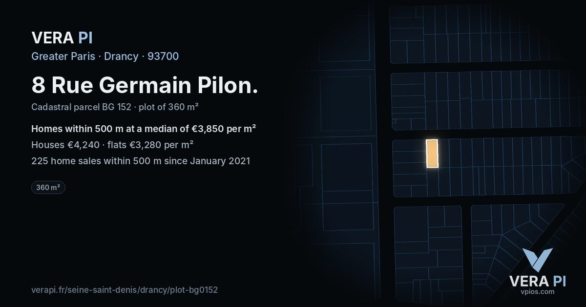 8 Rue Germain Pilon, Drancy at night – the plot lit, the parcels around coloured by the prices near them