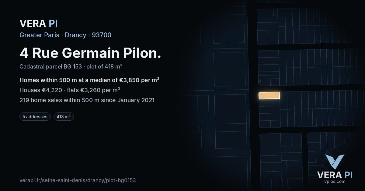 4 Rue Germain Pilon, Drancy at night – the plot lit, the parcels around coloured by the prices near them