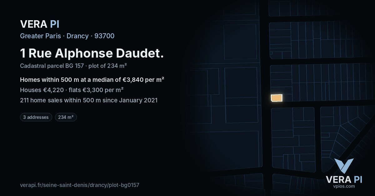 1 Rue Alphonse Daudet, Drancy at night – the plot lit, the parcels around coloured by the prices near them