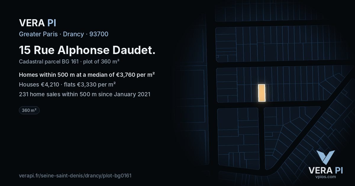 15 Rue Alphonse Daudet, Drancy at night – the plot lit, the parcels around coloured by the prices near them