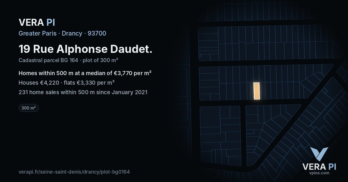19 Rue Alphonse Daudet, Drancy at night – the plot lit, the parcels around coloured by the prices near them