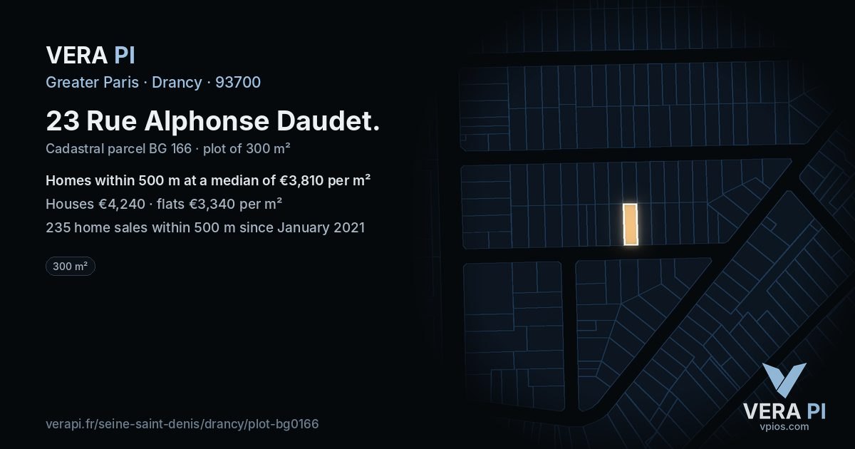23 Rue Alphonse Daudet, Drancy at night – the plot lit, the parcels around coloured by the prices near them