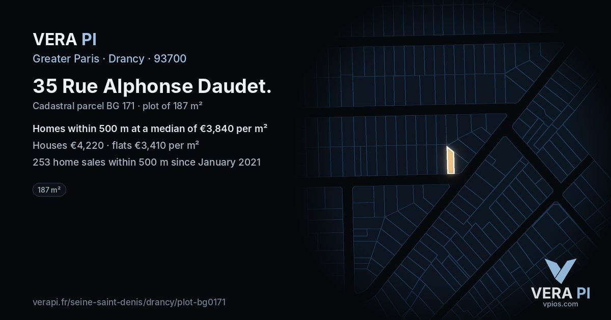 35 Rue Alphonse Daudet, Drancy at night – the plot lit, the parcels around coloured by the prices near them