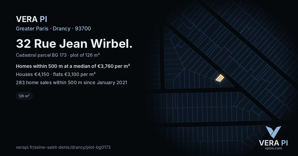 32 Rue Jean Wirbel, Drancy at night – the plot lit, the parcels around coloured by the prices near them