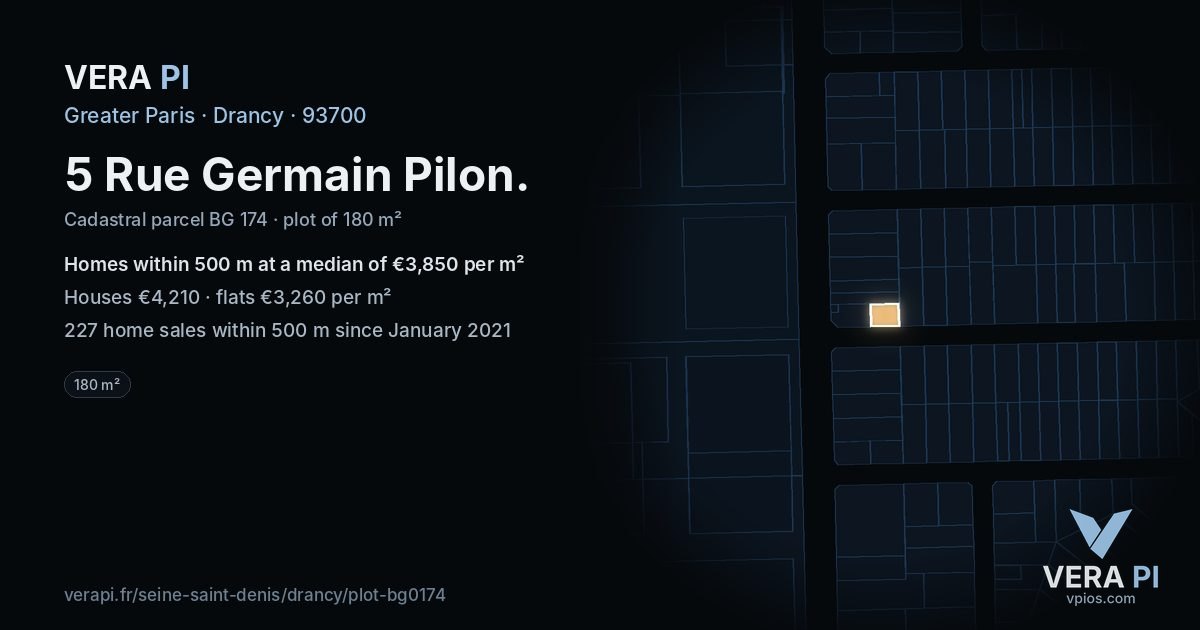 5 Rue Germain Pilon, Drancy at night – the plot lit, the parcels around coloured by the prices near them