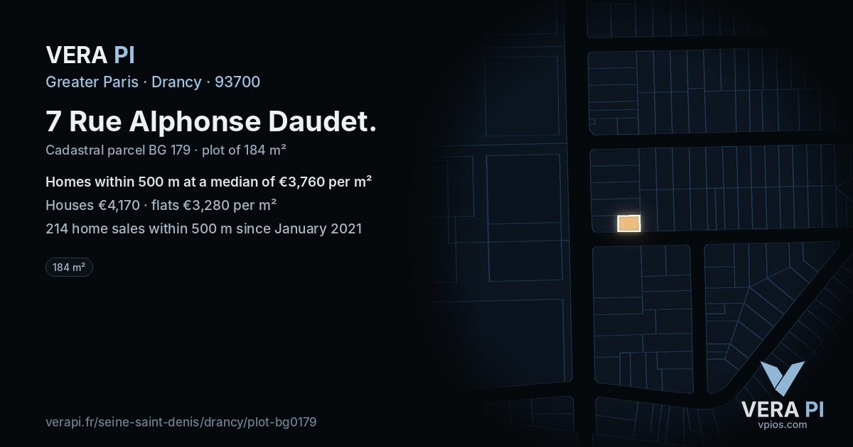 7 Rue Alphonse Daudet, Drancy at night – the plot lit, the parcels around coloured by the prices near them