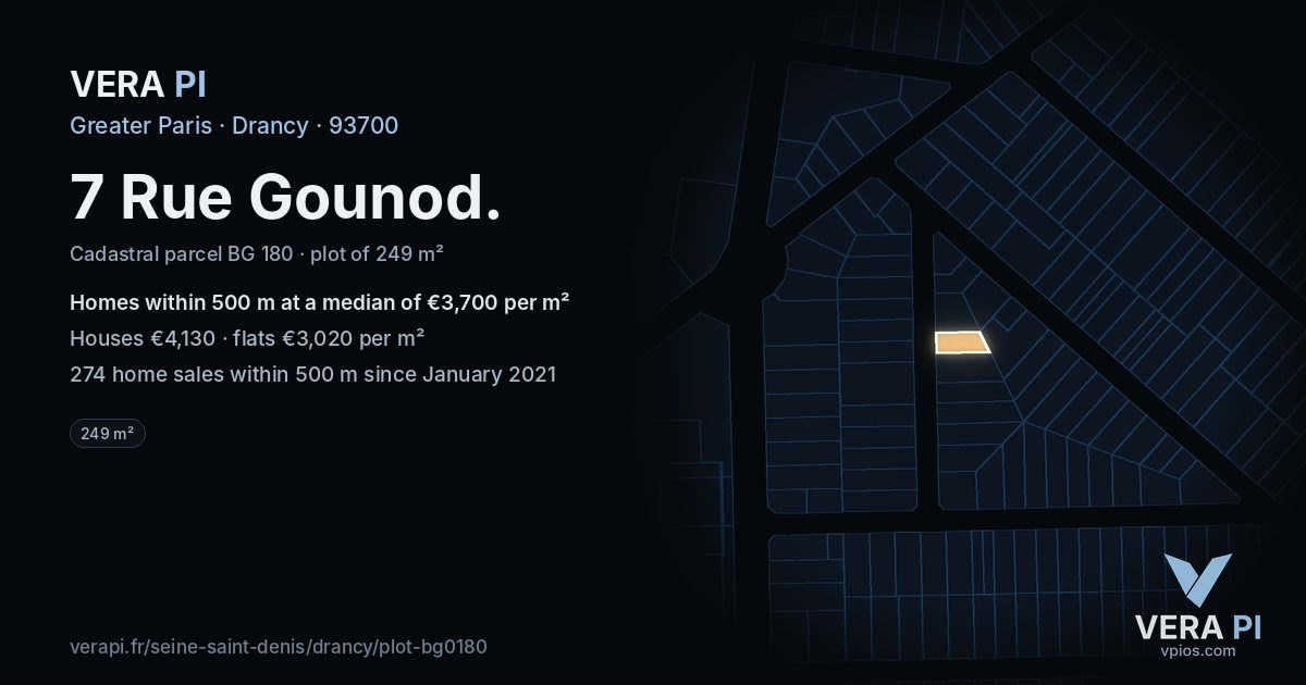 7 Rue Gounod, Drancy at night – the plot lit, the parcels around coloured by the prices near them