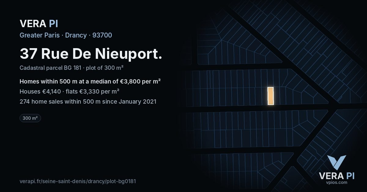 37 Rue De Nieuport, Drancy at night – the plot lit, the parcels around coloured by the prices near them