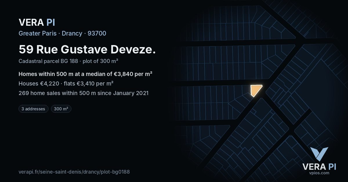 59 Rue Gustave Deveze, Drancy at night – the plot lit, the parcels around coloured by the prices near them