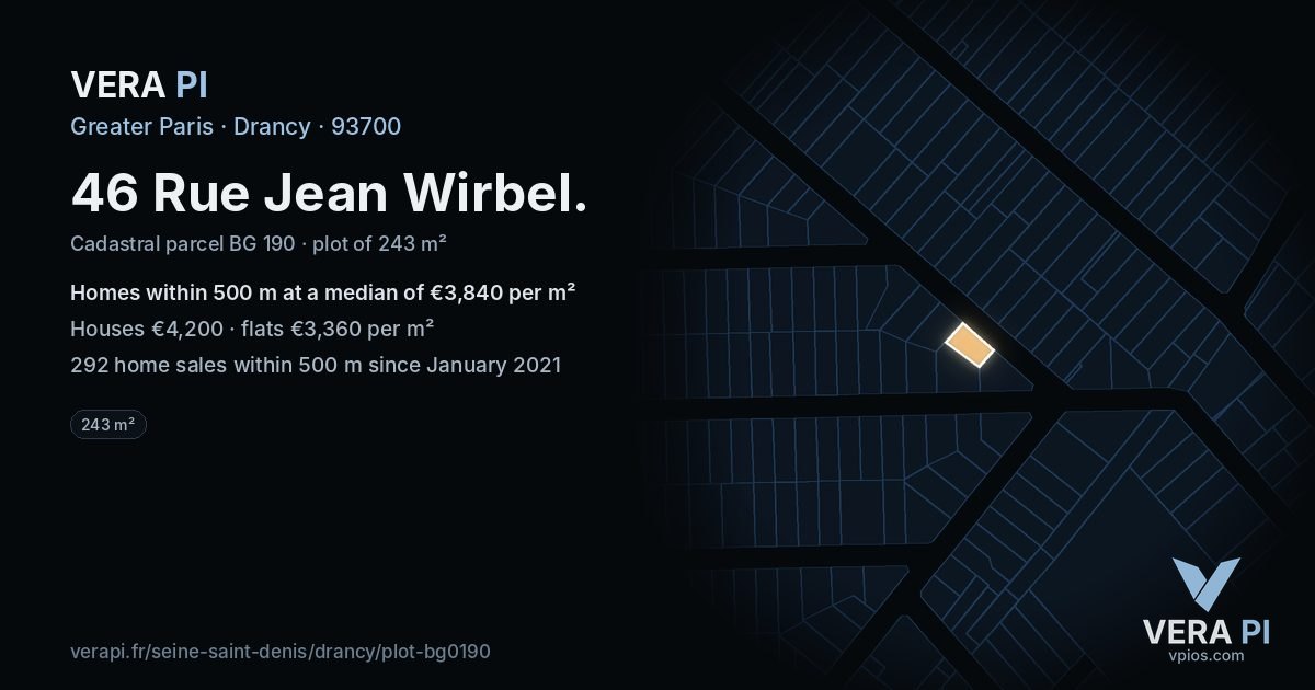 46 Rue Jean Wirbel, Drancy at night – the plot lit, the parcels around coloured by the prices near them