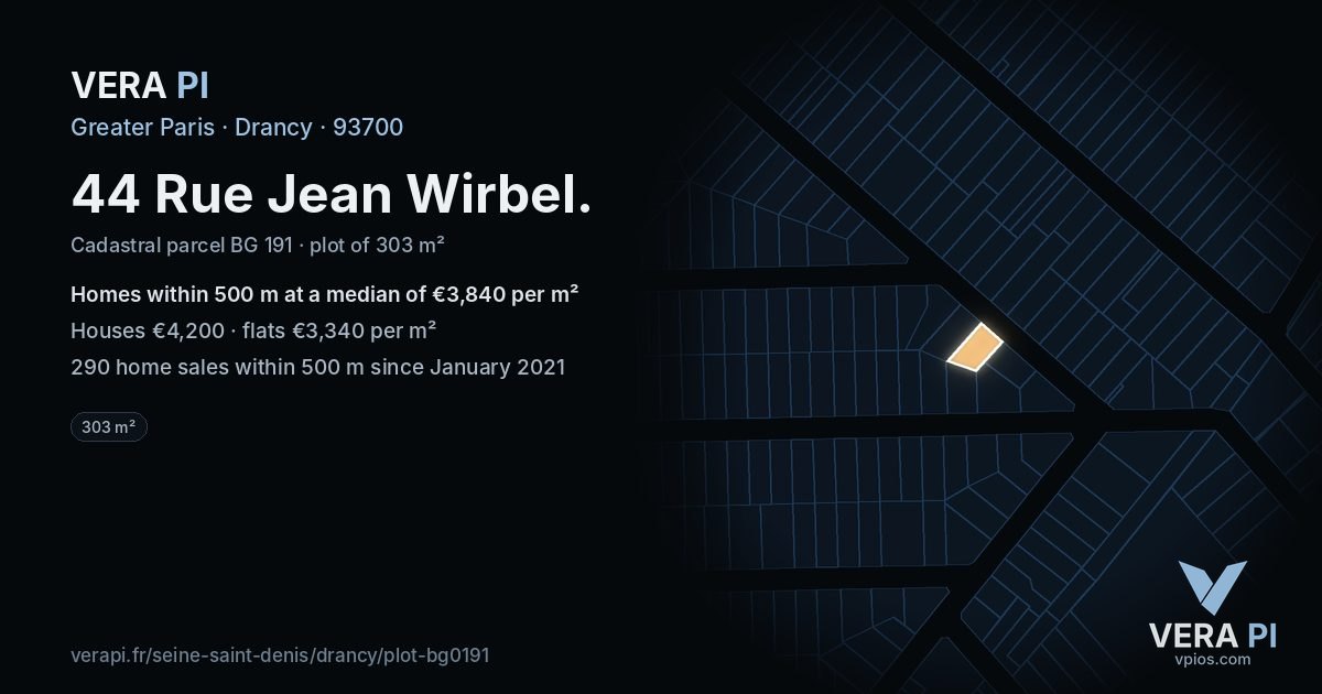 44 Rue Jean Wirbel, Drancy at night – the plot lit, the parcels around coloured by the prices near them