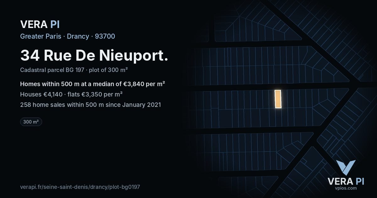 34 Rue De Nieuport, Drancy at night – the plot lit, the parcels around coloured by the prices near them