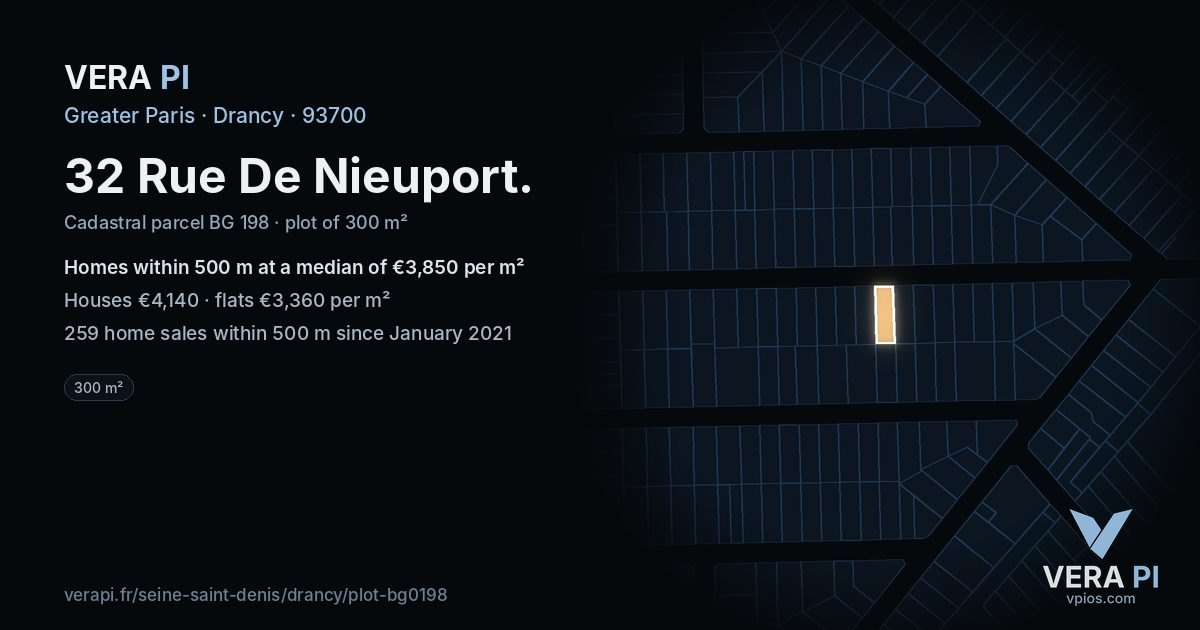 32 Rue De Nieuport, Drancy at night – the plot lit, the parcels around coloured by the prices near them
