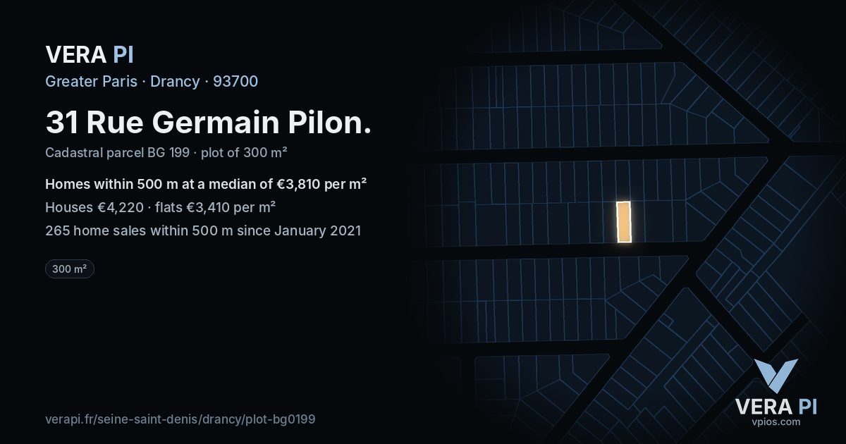 31 Rue Germain Pilon, Drancy at night – the plot lit, the parcels around coloured by the prices near them
