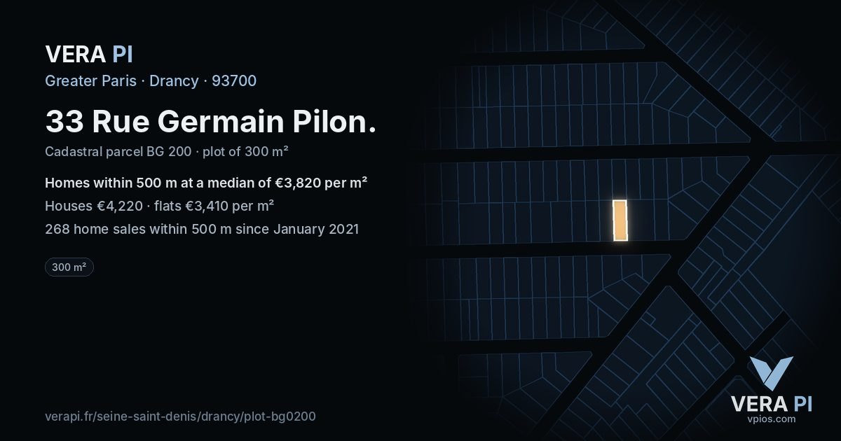 33 Rue Germain Pilon, Drancy at night – the plot lit, the parcels around coloured by the prices near them