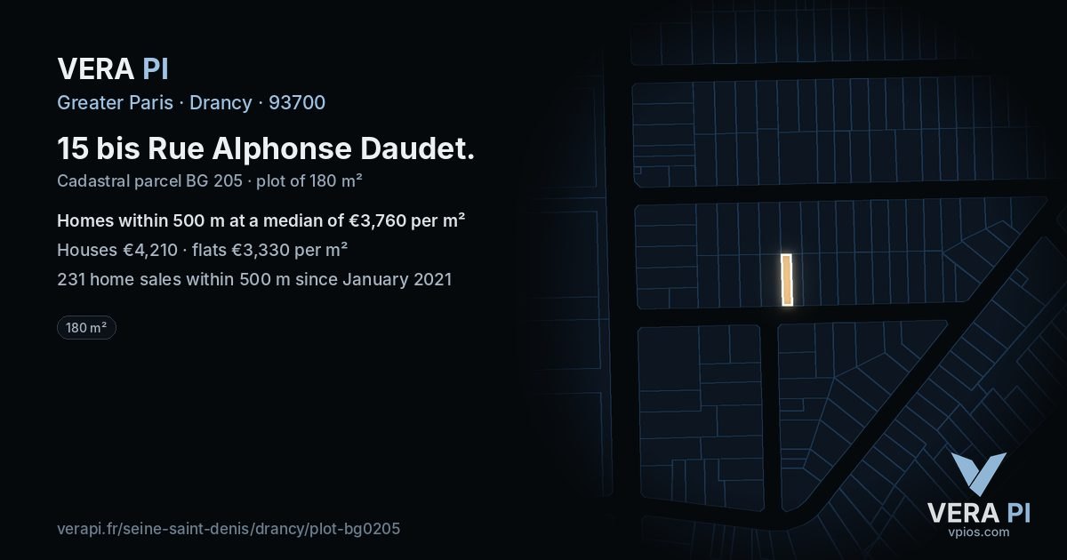 15 bis Rue Alphonse Daudet, Drancy at night – the plot lit, the parcels around coloured by the prices near them