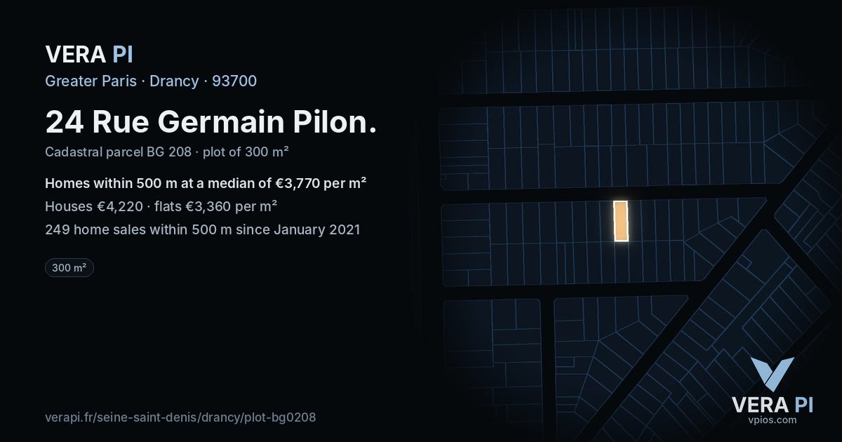 24 Rue Germain Pilon, Drancy at night – the plot lit, the parcels around coloured by the prices near them