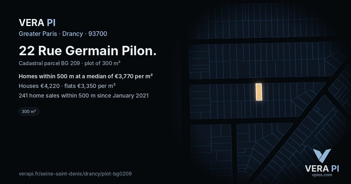 22 Rue Germain Pilon, Drancy at night – the plot lit, the parcels around coloured by the prices near them