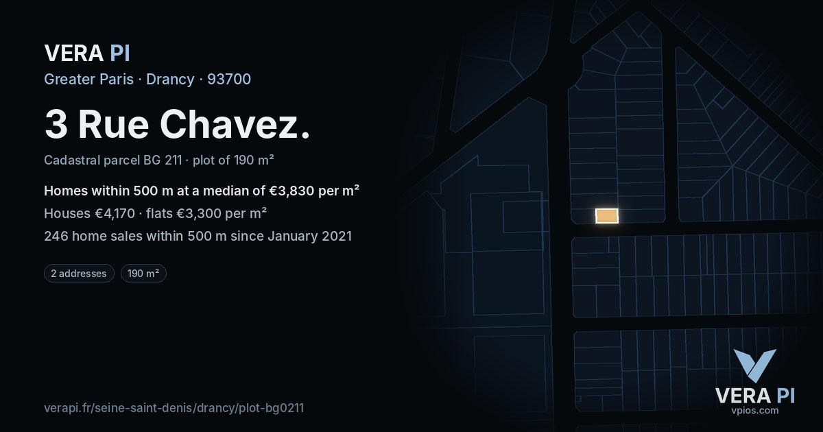 3 Rue Chavez, Drancy at night – the plot lit, the parcels around coloured by the prices near them