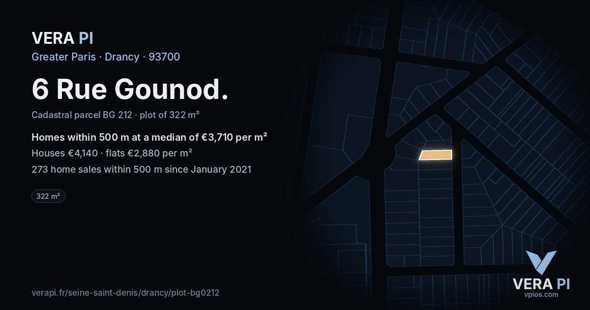 6 Rue Gounod, Drancy at night – the plot lit, the parcels around coloured by the prices near them