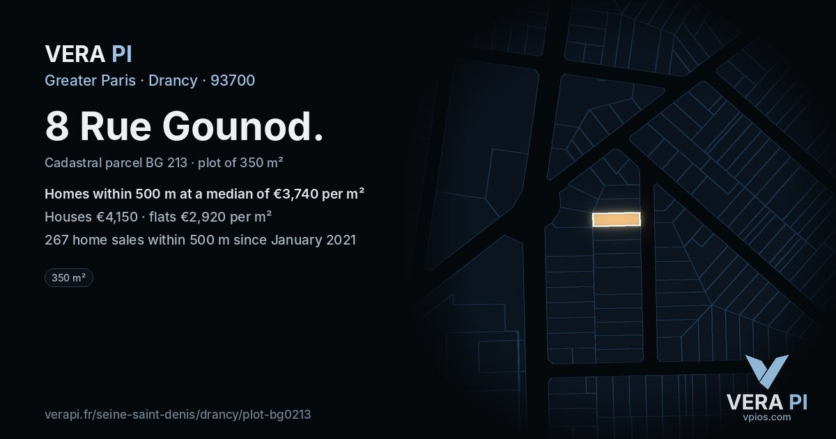 8 Rue Gounod, Drancy at night – the plot lit, the parcels around coloured by the prices near them