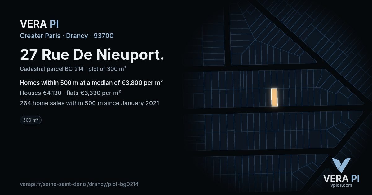 27 Rue De Nieuport, Drancy at night – the plot lit, the parcels around coloured by the prices near them