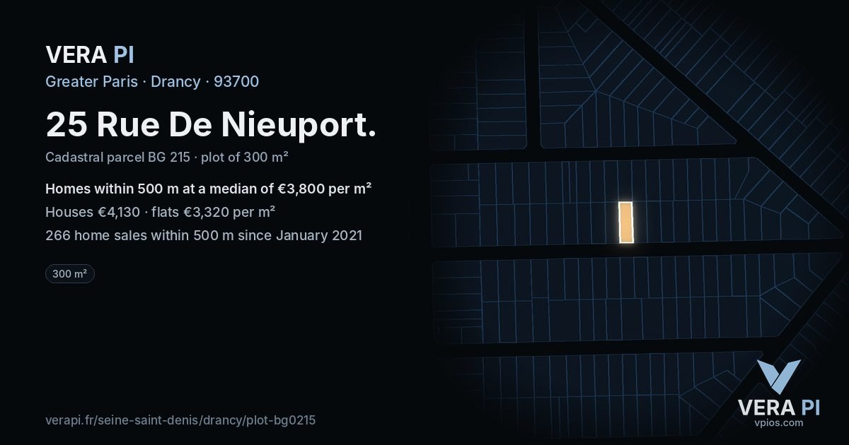 25 Rue De Nieuport, Drancy at night – the plot lit, the parcels around coloured by the prices near them