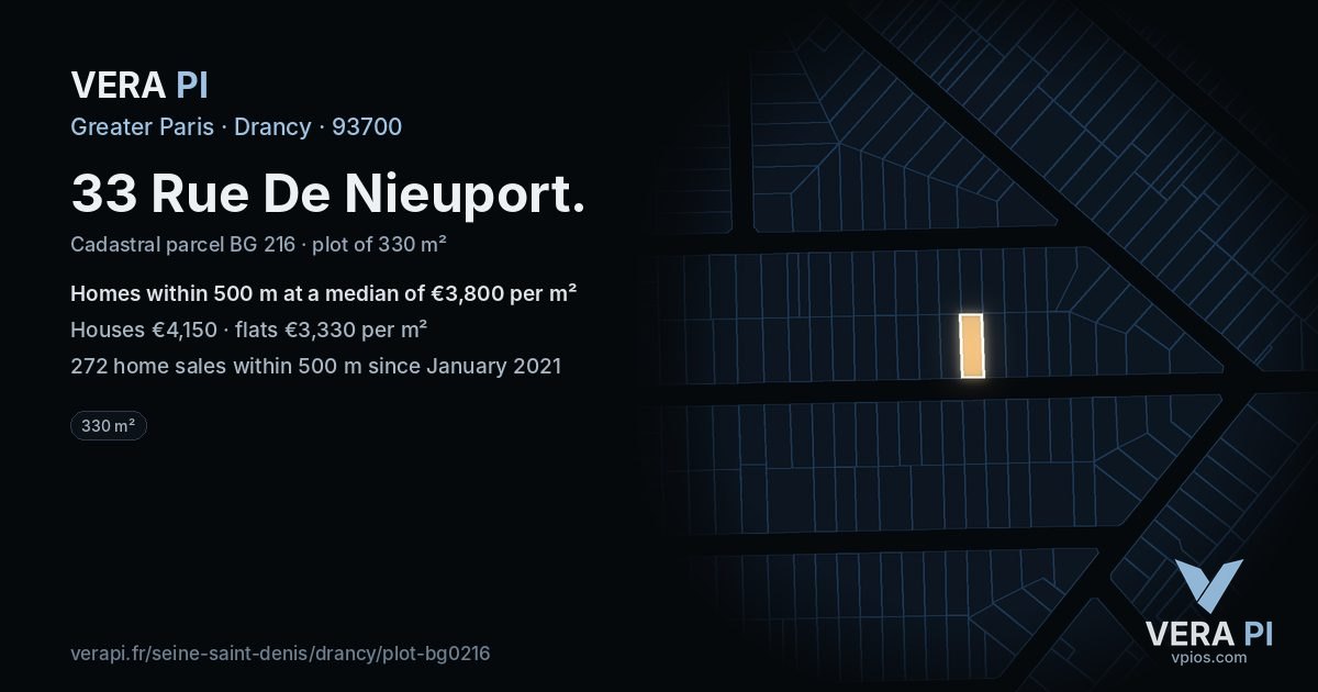33 Rue De Nieuport, Drancy at night – the plot lit, the parcels around coloured by the prices near them