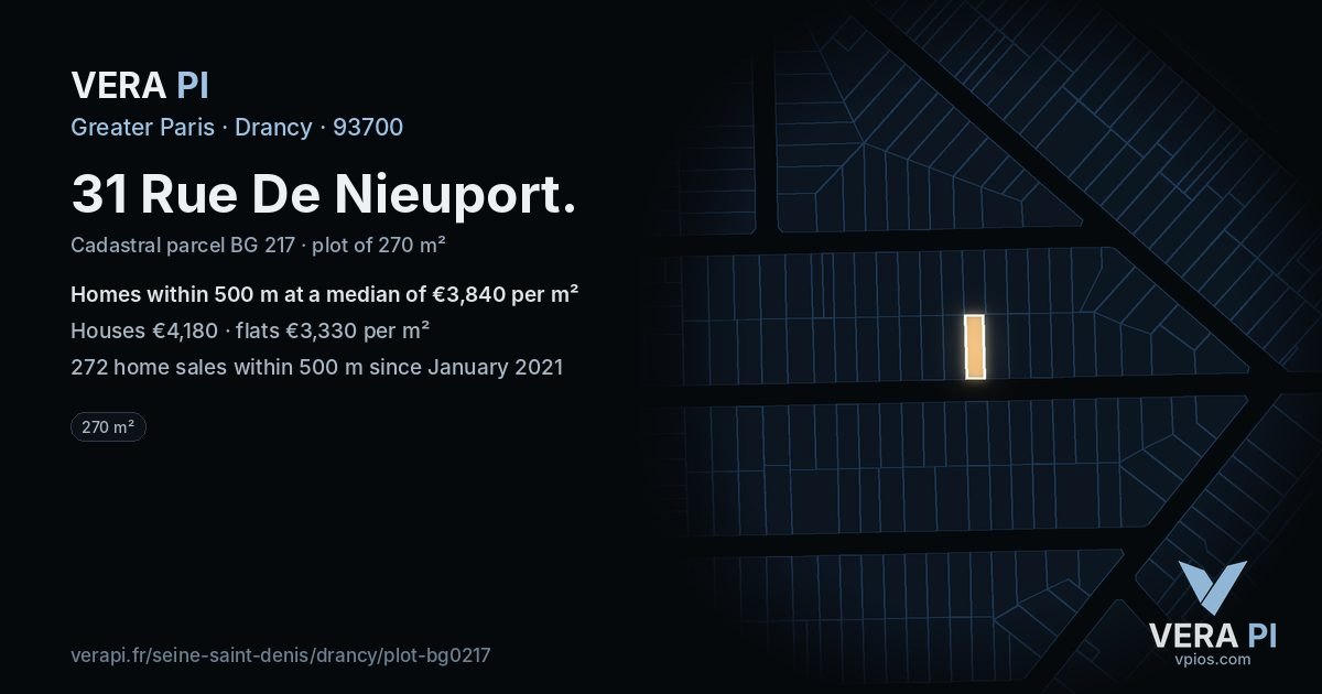 31 Rue De Nieuport, Drancy at night – the plot lit, the parcels around coloured by the prices near them