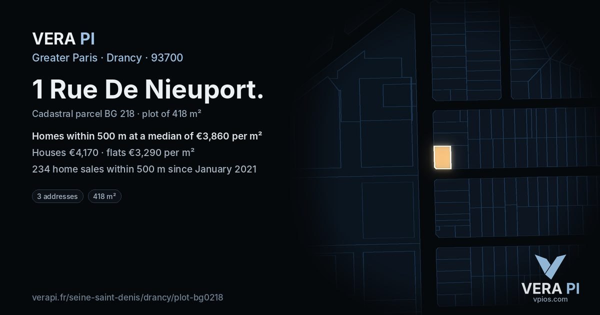 1 Rue De Nieuport, Drancy at night – the plot lit, the parcels around coloured by the prices near them