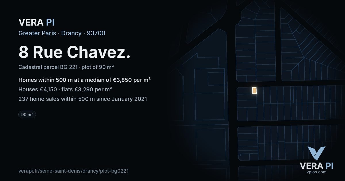 8 Rue Chavez, Drancy at night – the plot lit, the parcels around coloured by the prices near them