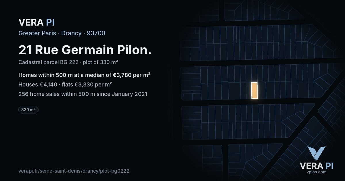 21 Rue Germain Pilon, Drancy at night – the plot lit, the parcels around coloured by the prices near them