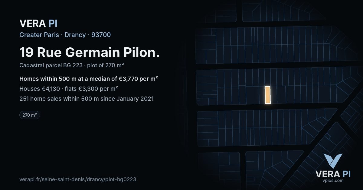 19 Rue Germain Pilon, Drancy at night – the plot lit, the parcels around coloured by the prices near them