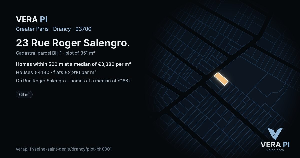 23 Rue Roger Salengro, Drancy at night – the plot lit, the parcels around coloured by the prices near them