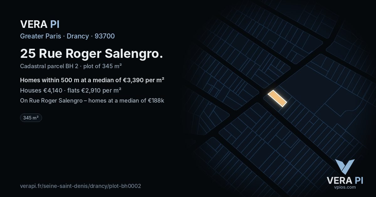 25 Rue Roger Salengro, Drancy at night – the plot lit, the parcels around coloured by the prices near them