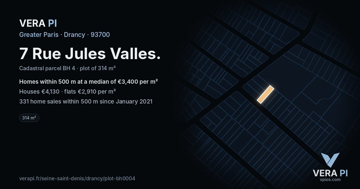 7 Rue Jules Valles, Drancy at night – the plot lit, the parcels around coloured by the prices near them