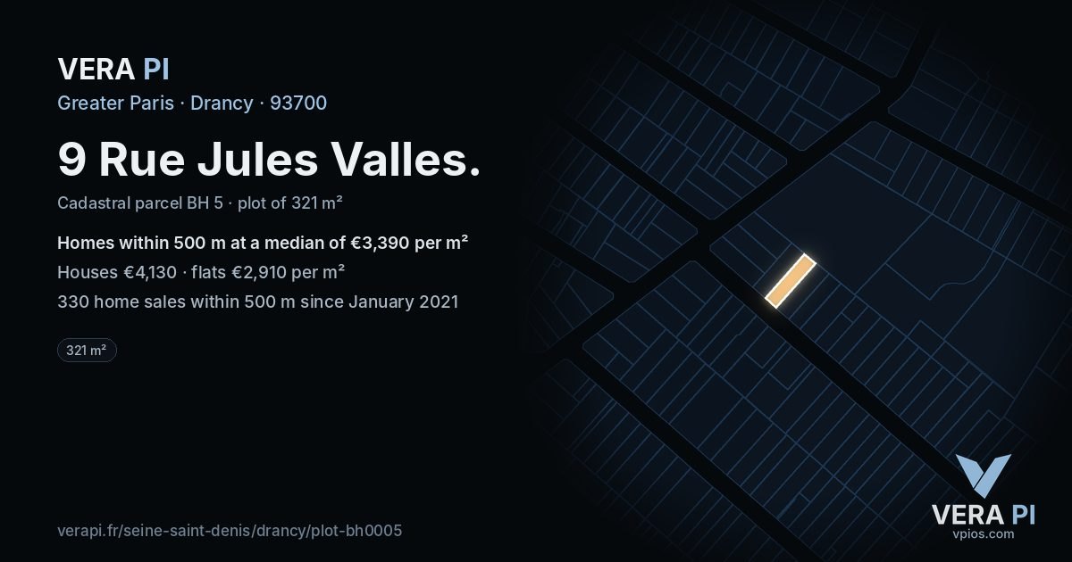 9 Rue Jules Valles, Drancy at night – the plot lit, the parcels around coloured by the prices near them