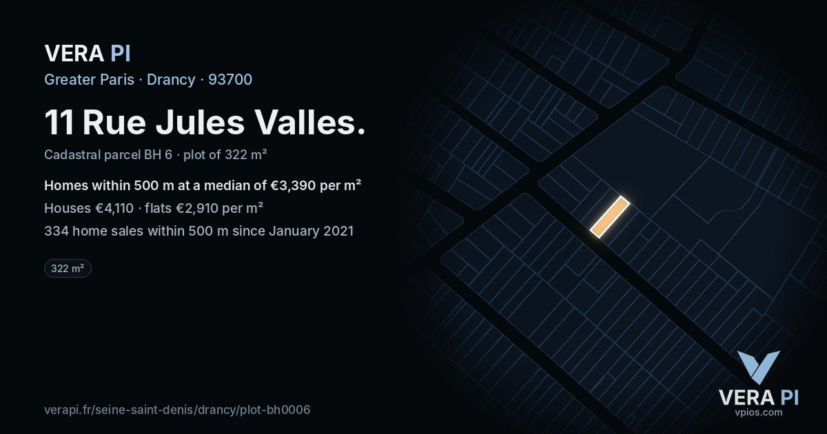 11 Rue Jules Valles, Drancy at night – the plot lit, the parcels around coloured by the prices near them