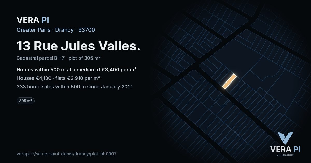 13 Rue Jules Valles, Drancy at night – the plot lit, the parcels around coloured by the prices near them