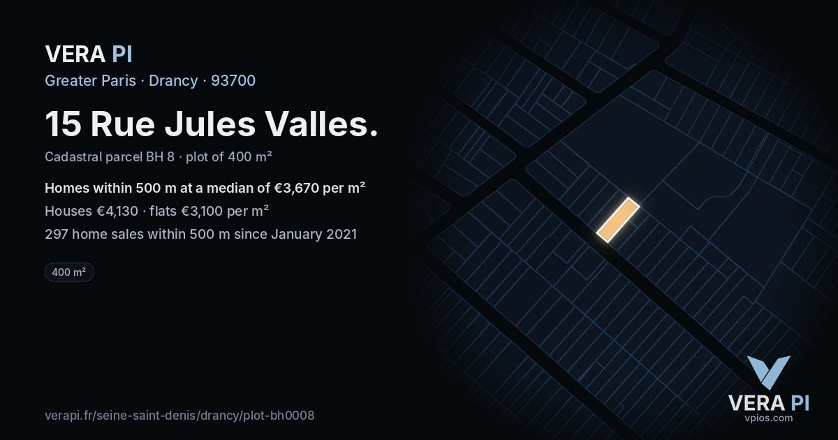 15 Rue Jules Valles, Drancy at night – the plot lit, the parcels around coloured by the prices near them
