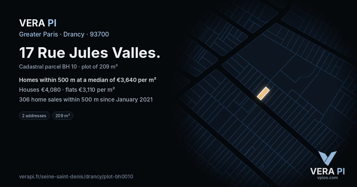 17 Rue Jules Valles, Drancy at night – the plot lit, the parcels around coloured by the prices near them