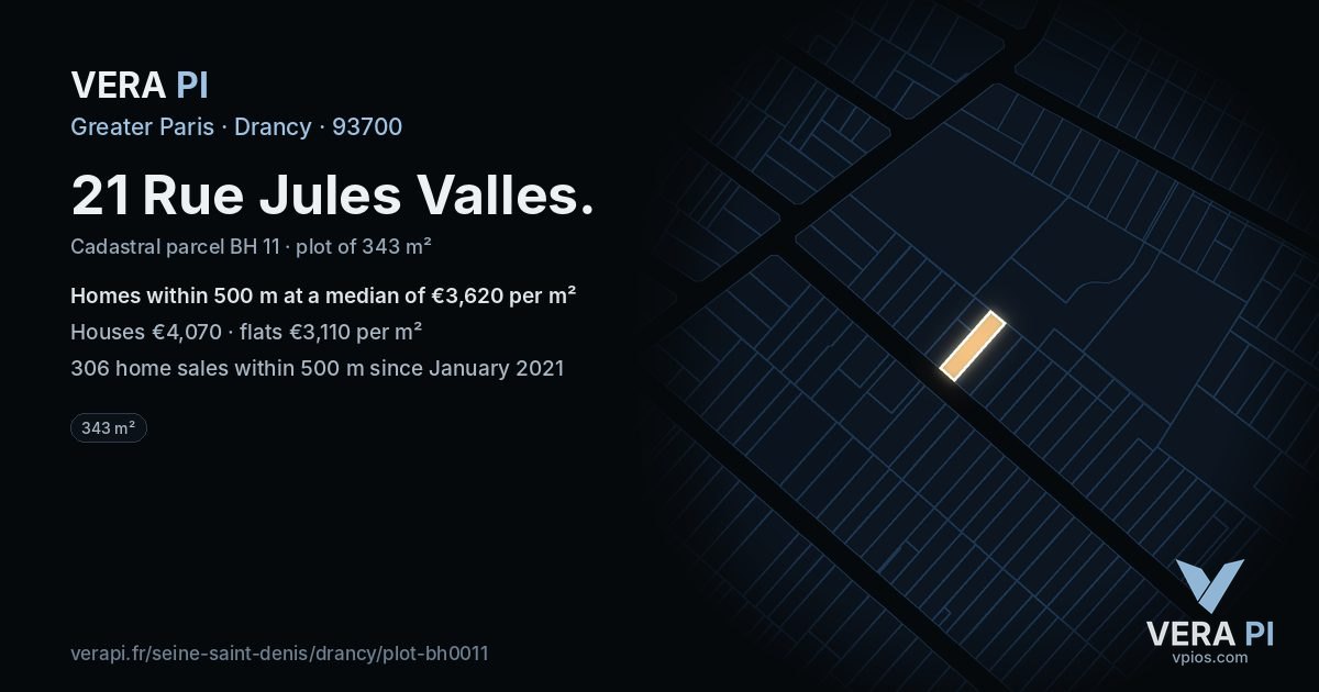 21 Rue Jules Valles, Drancy at night – the plot lit, the parcels around coloured by the prices near them