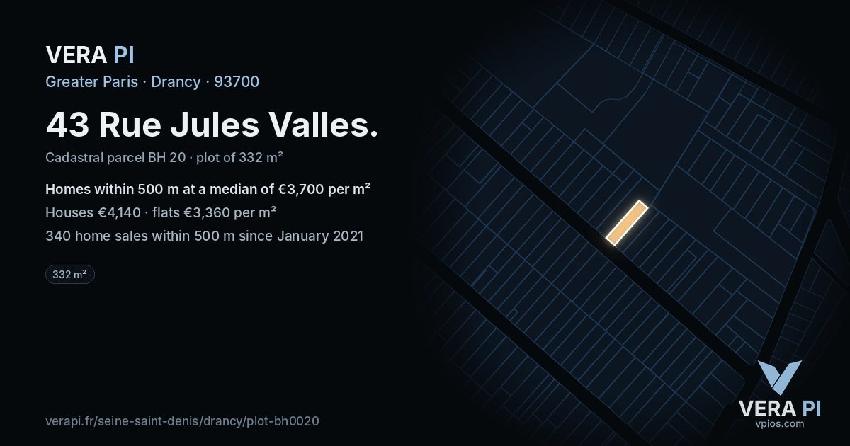 43 Rue Jules Valles, Drancy at night – the plot lit, the parcels around coloured by the prices near them