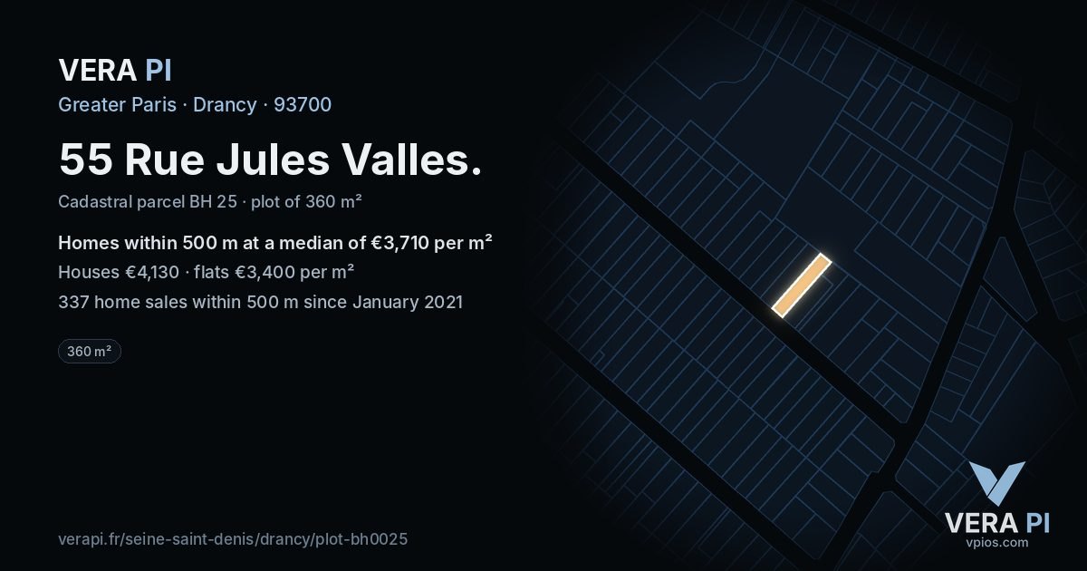 55 Rue Jules Valles, Drancy at night – the plot lit, the parcels around coloured by the prices near them