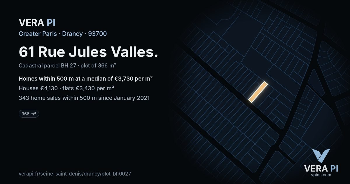 61 Rue Jules Valles, Drancy at night – the plot lit, the parcels around coloured by the prices near them