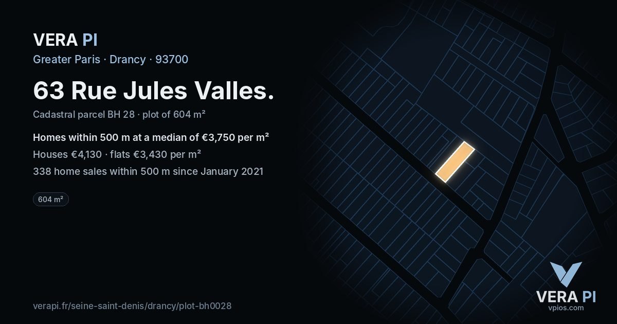 63 Rue Jules Valles, Drancy at night – the plot lit, the parcels around coloured by the prices near them