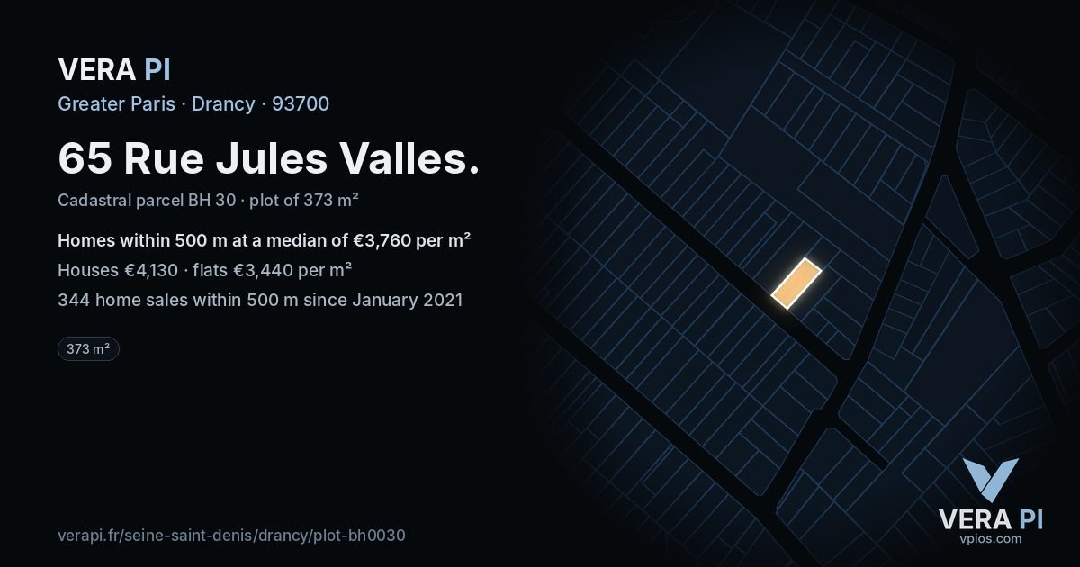 65 Rue Jules Valles, Drancy at night – the plot lit, the parcels around coloured by the prices near them