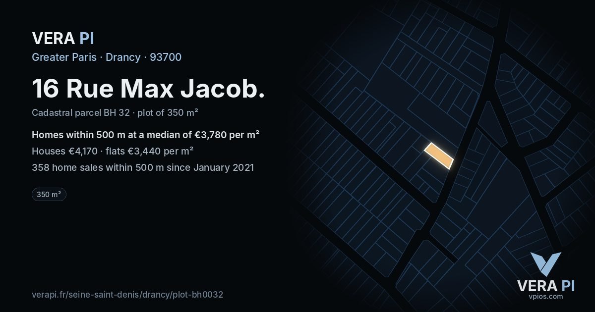 16 Rue Max Jacob, Drancy at night – the plot lit, the parcels around coloured by the prices near them