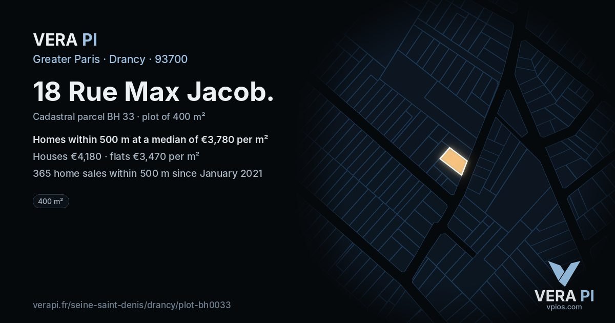 18 Rue Max Jacob, Drancy at night – the plot lit, the parcels around coloured by the prices near them